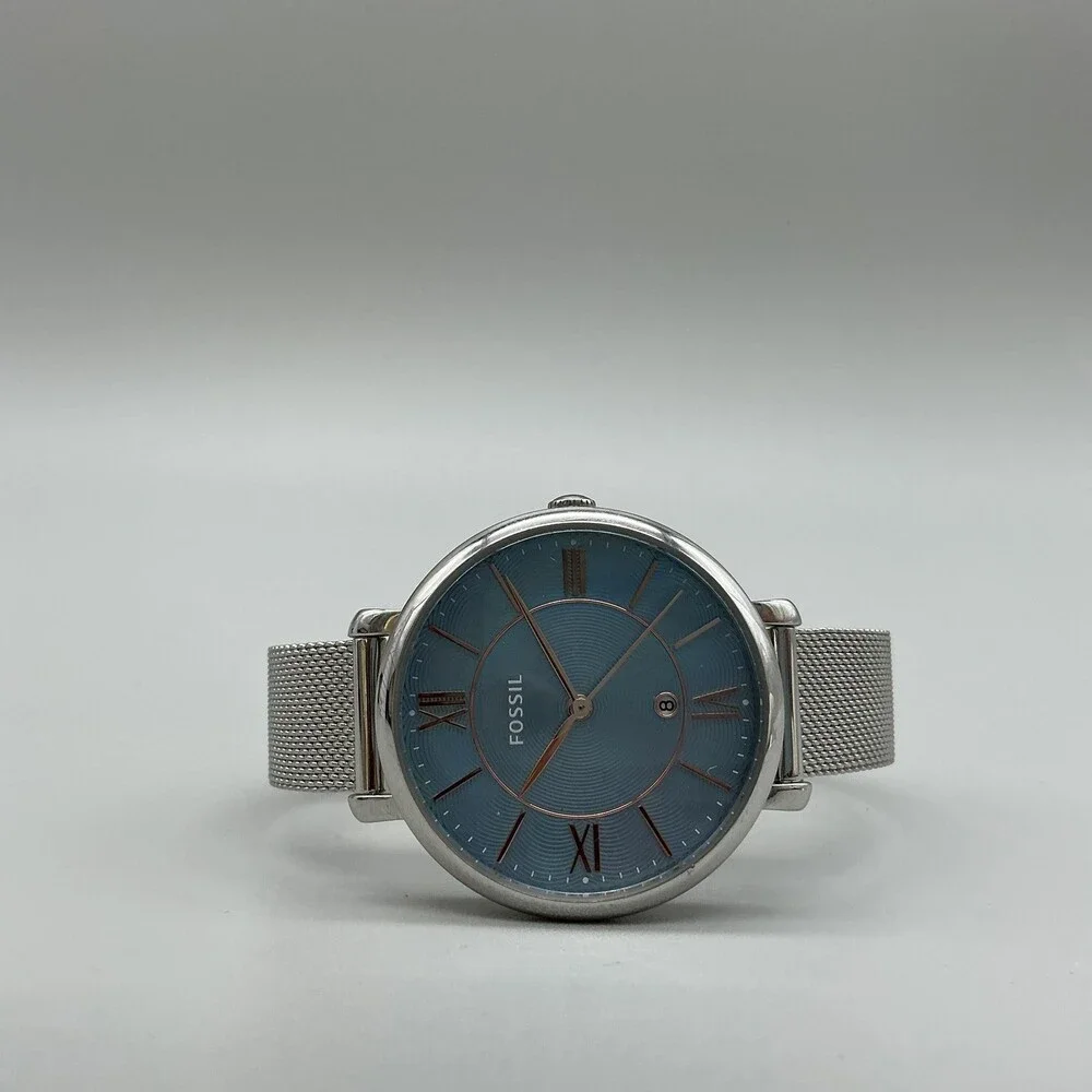 Fossil ES4322 Womens Watch 36mm Blue Dial Stainless Date Mesh Band New Battery